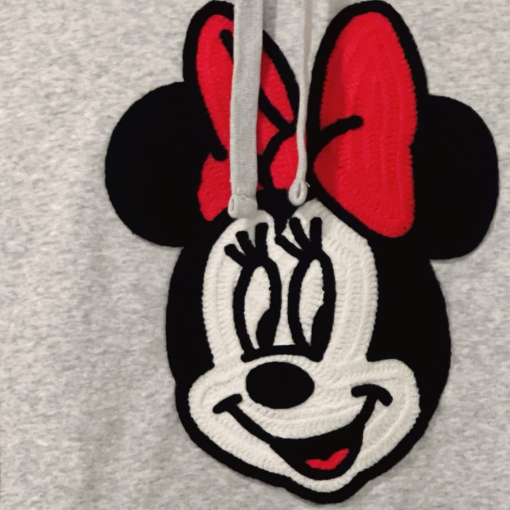NWT Disney Minnie Mouse Licensed Hoodie Crochet Patch Sweatshirt Heather Grey L - Picture 3 of 6